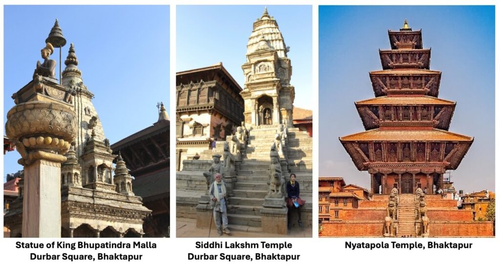 Statue of King Bhupatindra Malla, Siddhi Lakshmi Temple and Nyatapola Temple in Bhaktapur Durbar Square