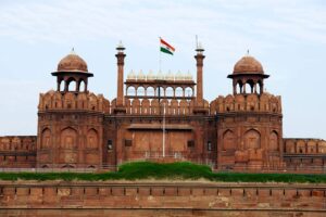 Lal Qila Red Fort with Indian flag and Prime Minister’s speech stage during Delhi Heritage Walk