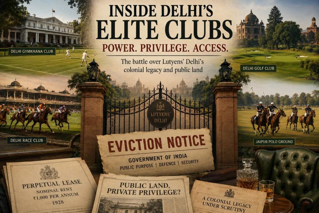 Lutyens' Delhi elite colonial-era clubs including Delhi Gymkhana Club, Delhi Golf Club, Delhi Race Club and Jaipur Polo Ground, alongside an eviction notice symbolising the debate over privilege, public land and exclusivity