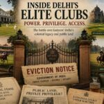 Lutyens' Delhi elite colonial-era clubs including Delhi Gymkhana Club, Delhi Golf Club, Delhi Race Club and Jaipur Polo Ground, alongside an eviction notice symbolising the debate over privilege, public land and exclusivity