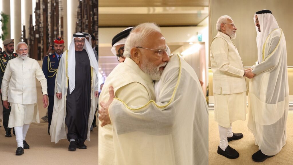 India-UAE relations: Narendra Modi and MBZ greeting each other in Abu Dhabi during India-UAE strategic partnership discussions