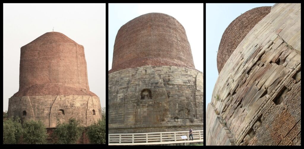 Dhamek Stupa full view and two side views, Sarnath