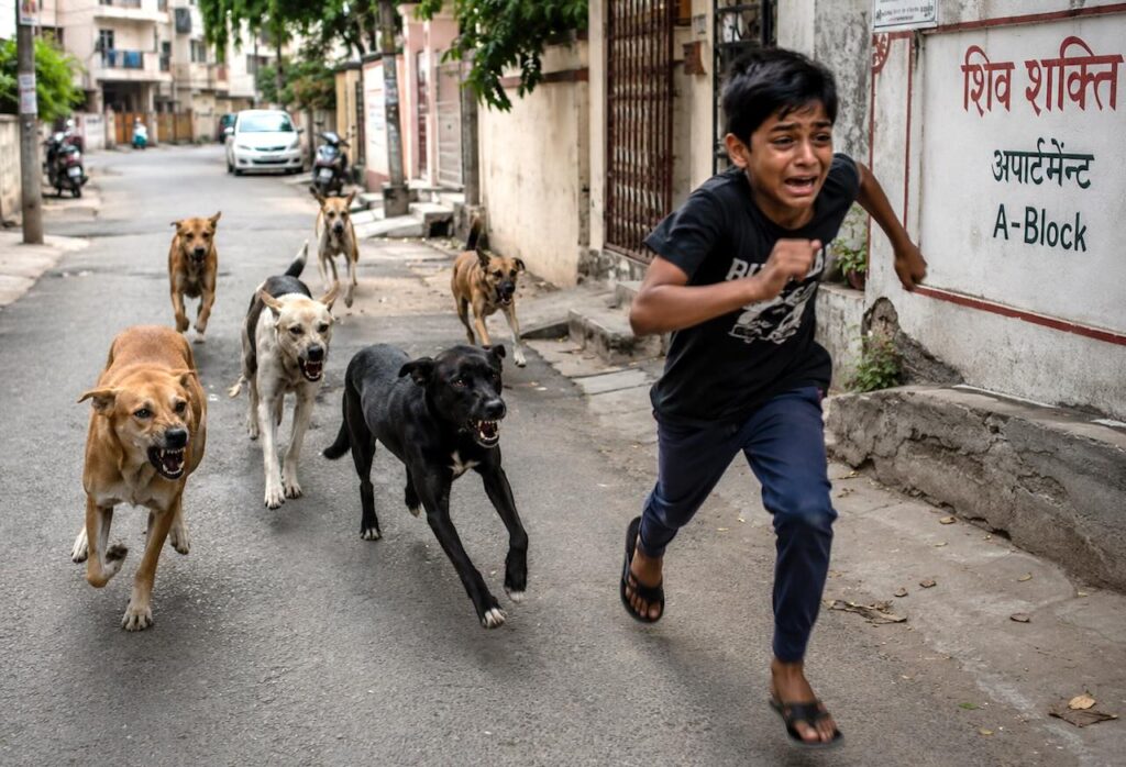 A frightened boy runs through an Indian urban residential colony while a group of aggressive stray dogs chase him on a neighborhood street.