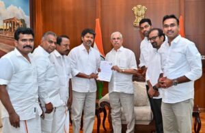 Tamil Nadu 2026: TVK Chief Thalapathy Vijay meeting Tamil Nadu Governor Rajendra Arlekar at Raj Bhavan on May 6, 2026, staking claim to form government
