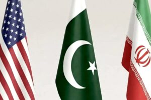 US-Iran Talks: Flags of the US, Pakistan, and Iran standing together symbolising Pakistan-mediated diplomatic talks between Washington and Tehran in 2026