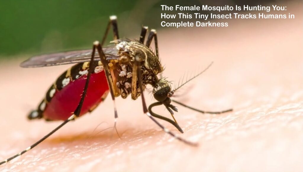 Close-up image of a mosquito proboscis showing six needle-like structures piercing human skin.