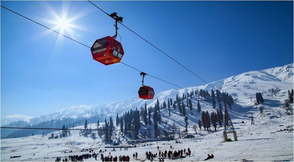 Gulmarg Gondola cabins crossing snowy slopes in Jammu and Kashmir, India.