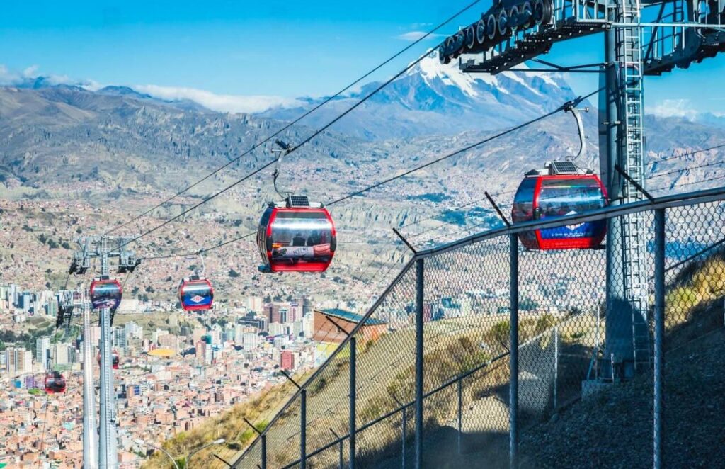 Mi Teleférico cable cars above La Paz city and the Andes in Bolivia.