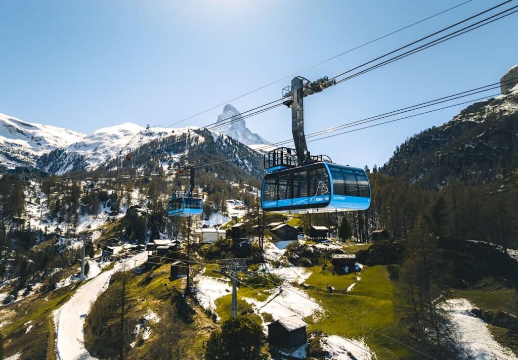Matterhorn Glacier Paradise cable cars near the Matterhorn in Zermatt, Switzerland.