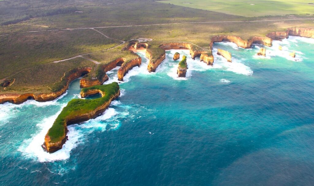 Aerial view of Loch Ard Gorge on the Great Ocean Road