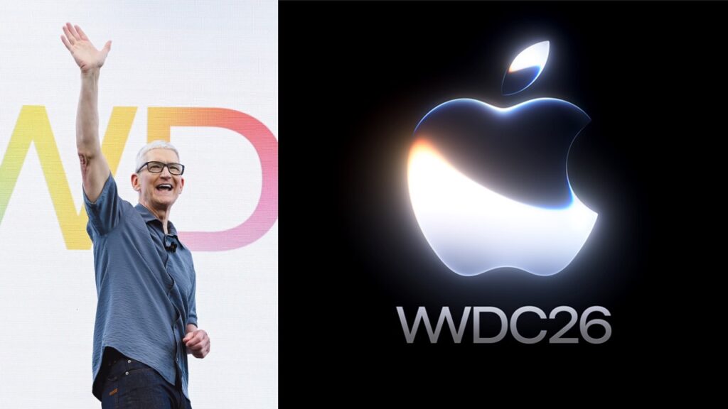 Apple Chief Executive Officer Tim Cook stands on the left side of the frame next to a large digital display showcasing the official colorful, glowing WWDC 2026 logo on the right side.