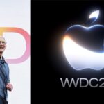 Apple Chief Executive Officer Tim Cook stands on the left side of the frame next to a large digital display showcasing the official colorful, glowing WWDC 2026 logo on the right side.