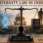 Illustration depicting paternity law in India, showing scales of justice balancing DNA evidence and legal presumptions, with a child in the foreground and the Supreme Court of India in the background.
