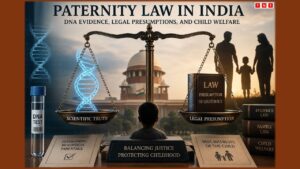 Illustration depicting paternity law in India, showing scales of justice balancing DNA evidence and legal presumptions, with a child in the foreground and the Supreme Court of India in the background.