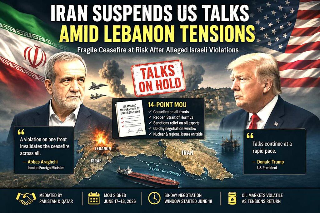 Iran and US leaders face off as Iran suspends US talks over alleged Lebanon ceasefire violations, with the Strait of Hormuz and regional tensions highlighted.
