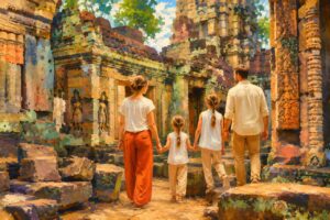 Importance of Family Travel illustrated through a family of four exploring ancient temple ruins together, creating shared memories and cultural experiences during a meaningful family vacation.