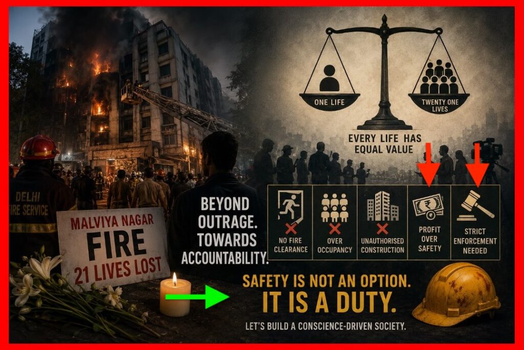 Editorial illustration depicting the Malviya Nagar fire tragedy, showing a burning building, emergency responders, memorial candles, and a message calling for accountability and fire safety compliance.
