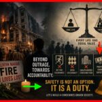 Editorial illustration depicting the Malviya Nagar fire tragedy, showing a burning building, emergency responders, memorial candles, and a message calling for accountability and fire safety compliance.