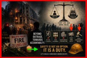 Editorial illustration depicting the Malviya Nagar fire tragedy, showing a burning building, emergency responders, memorial candles, and a message calling for accountability and fire safety compliance.