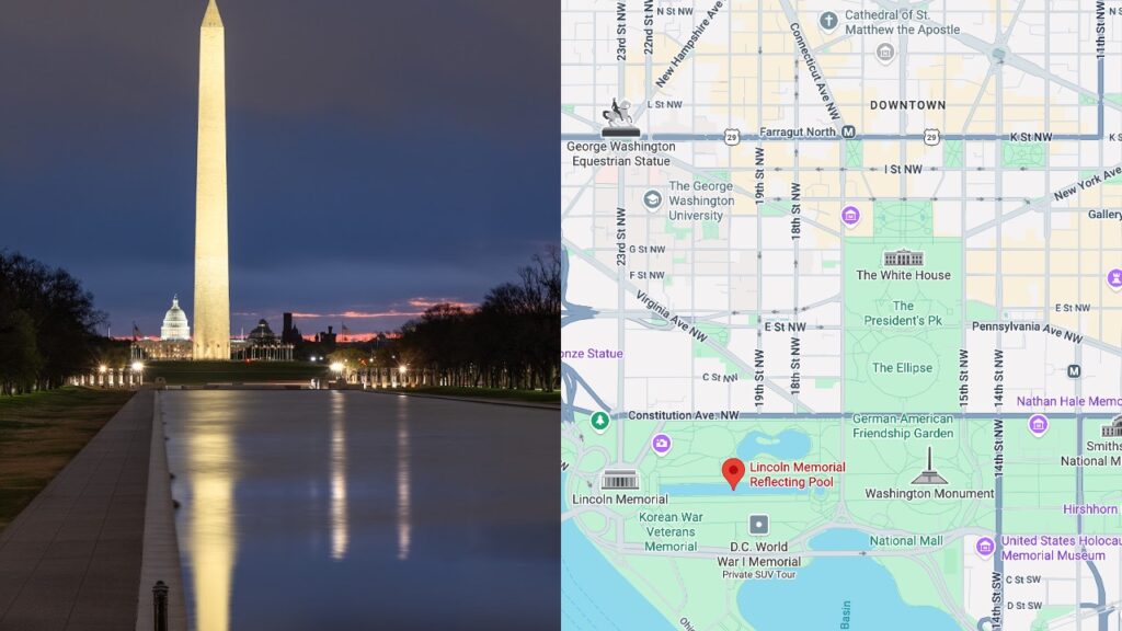 Lincoln Memorial Reflecting Pool controversy with Washington Monument and location map
