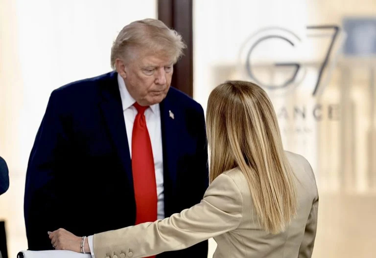 Donald Trump and Giorgia Meloni at the G7 Summit during the Trump Meloni G7 Feud.