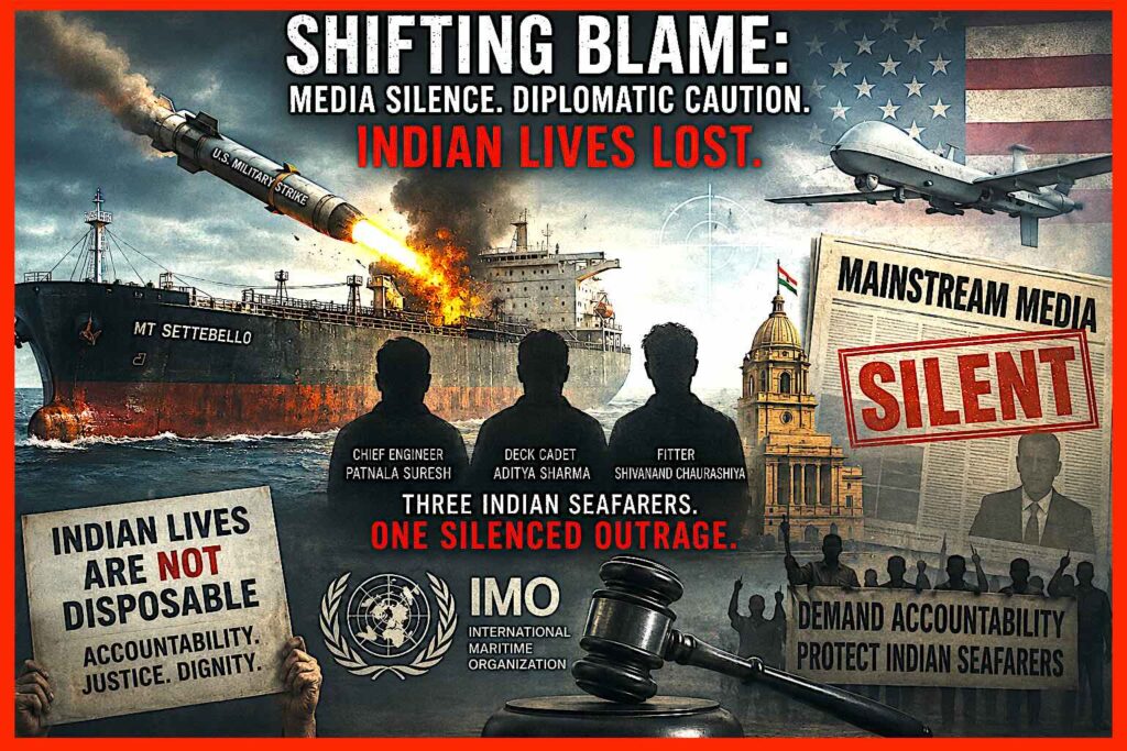 Illustration of a tanker hit by U.S. missile in Gulf of Oman Attack, with silhouettes of three Indian seafarers, media imagery, and calls for accountability.