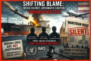 Illustration of a tanker hit by U.S. missile in Gulf of Oman Attack, with silhouettes of three Indian seafarers, media imagery, and calls for accountability.