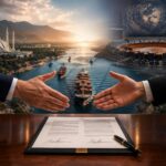 US and Iran representatives symbolically signing the Islamabad Memorandum amid Strait of Hormuz and diplomatic imagery.
