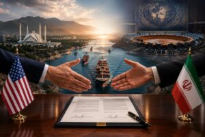 US and Iran representatives symbolically signing the Islamabad Memorandum amid Strait of Hormuz and diplomatic imagery.