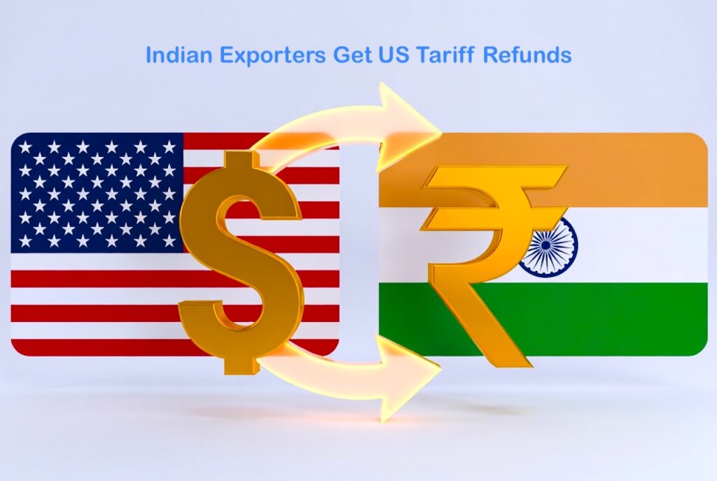 Indian Exporters US Tariff Refunds: Dollar to Rupee money flow between American and Indian flags symbolizing tariff refund payments to Indian exporters in June 2026